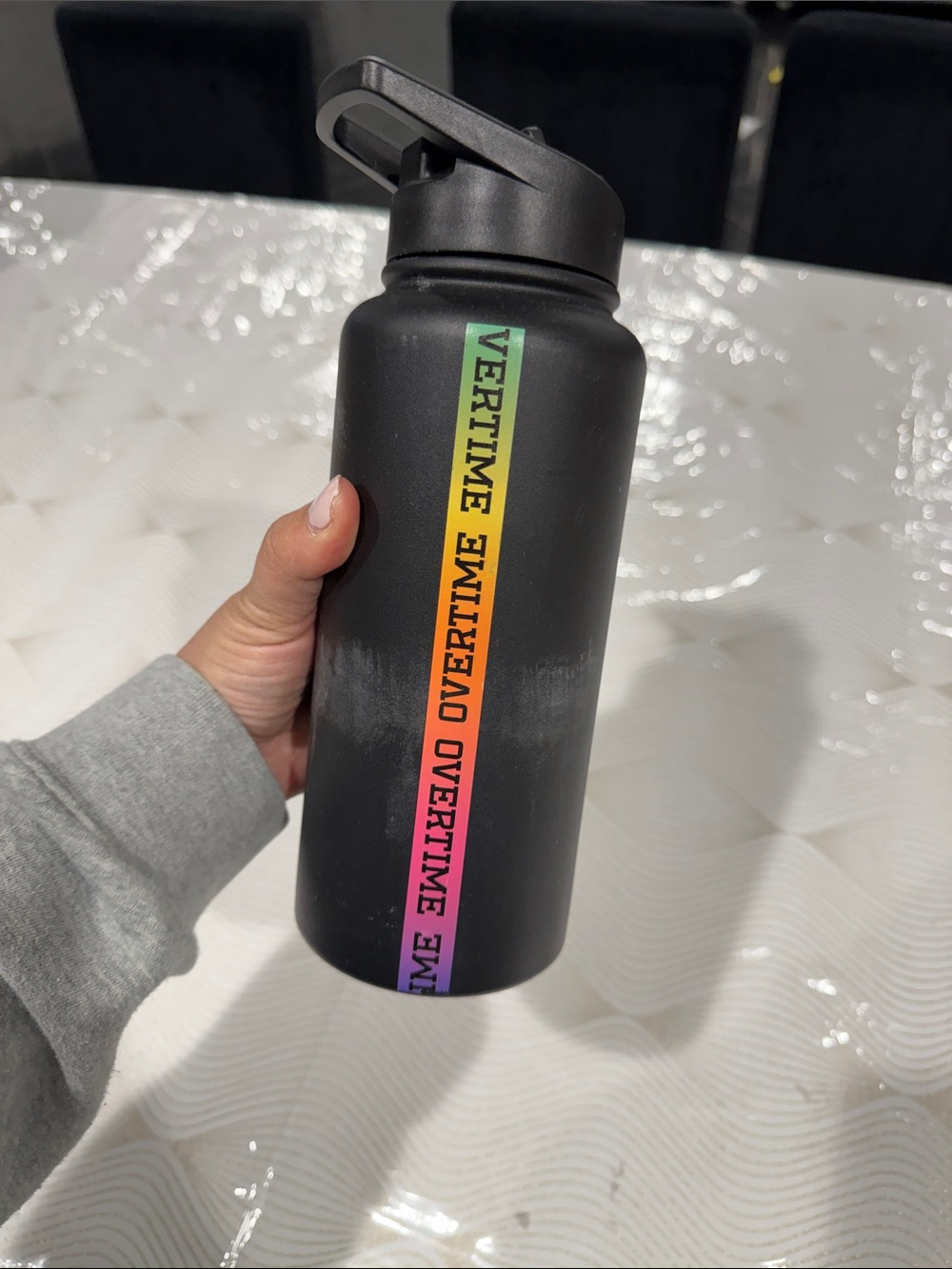 Black Stainless Water Bottle with Rainbow OVERTIME Stripe